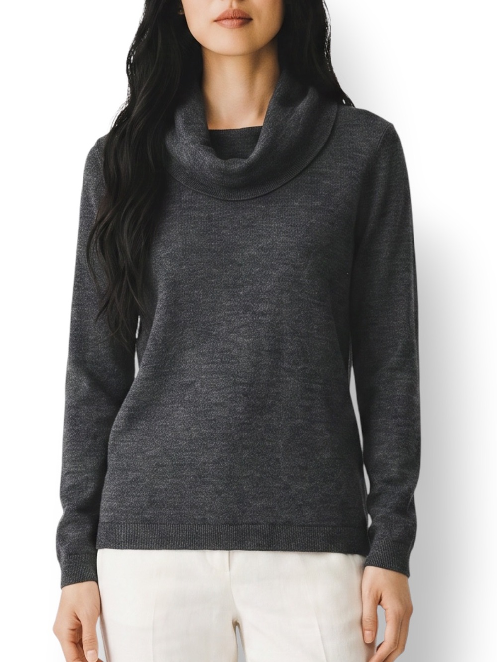 4/$20 Ellen Tracy 100% Extra Fine Merino Wool Cowl Neck Sweater Gray Large